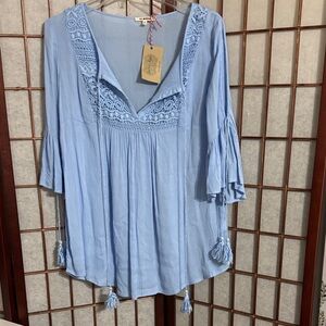 Elegant Light Blue Women's Blouse with Lace Details PTP 21 inches